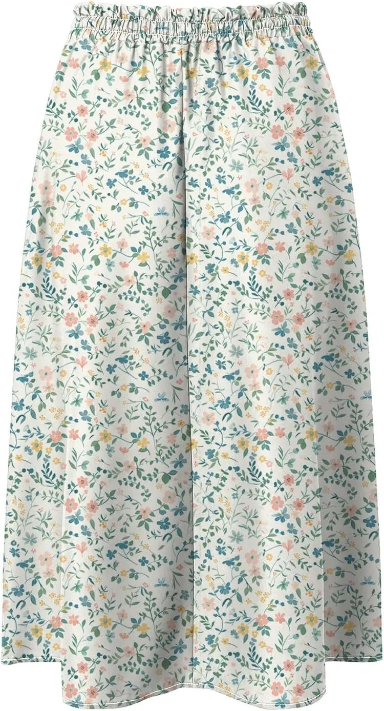 Rvidbe Midi Skirt for Women Drawstring High Waisted Floral Printed Skirts with Pockets Below Knee Pleated Flowy Beach Skirts