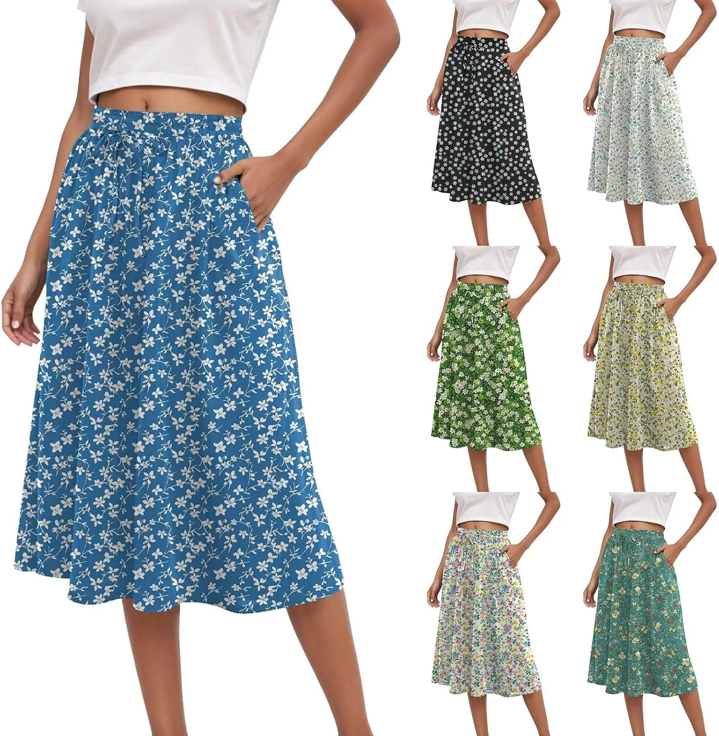 Rvidbe Midi Skirt for Women Drawstring High Waisted Floral Printed Skirts with Pockets Below Knee Pleated Flowy Beach Skirts