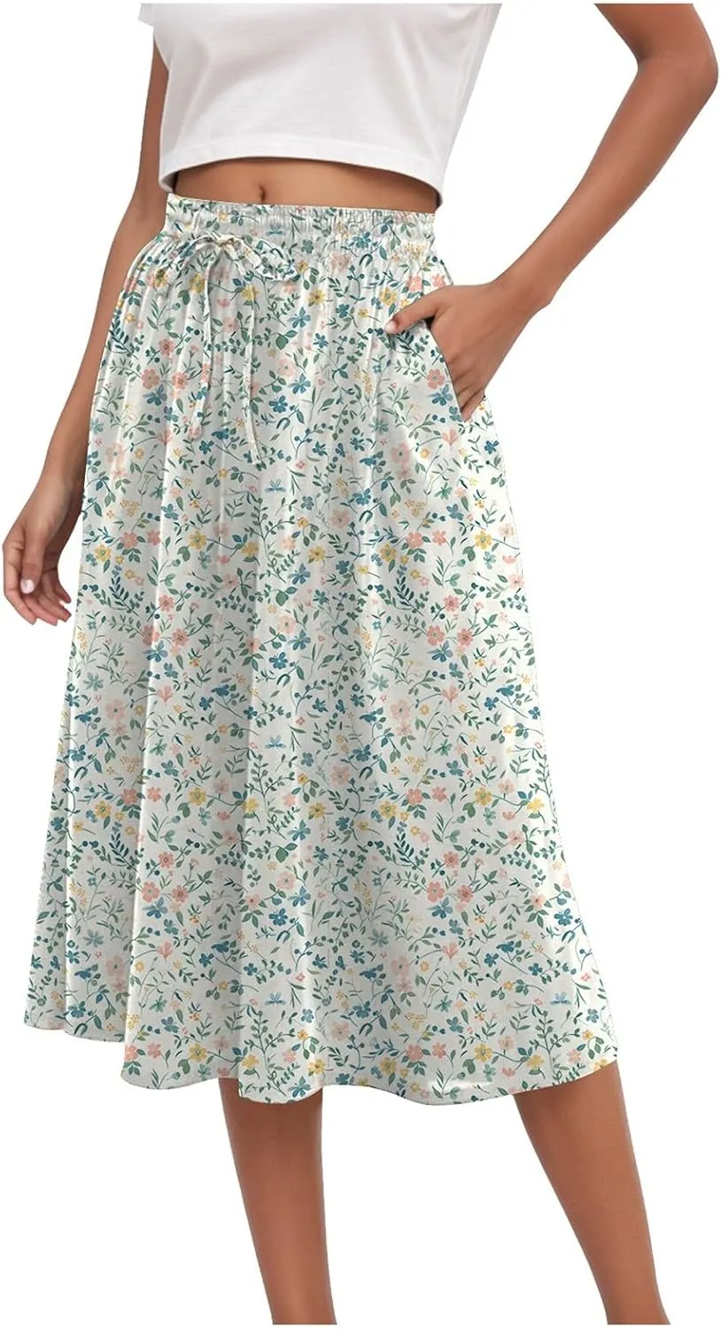 Rvidbe Midi Skirt for Women Drawstring High Waisted Floral Printed Skirts with Pockets Below Knee Pleated Flowy Beach Skirts
