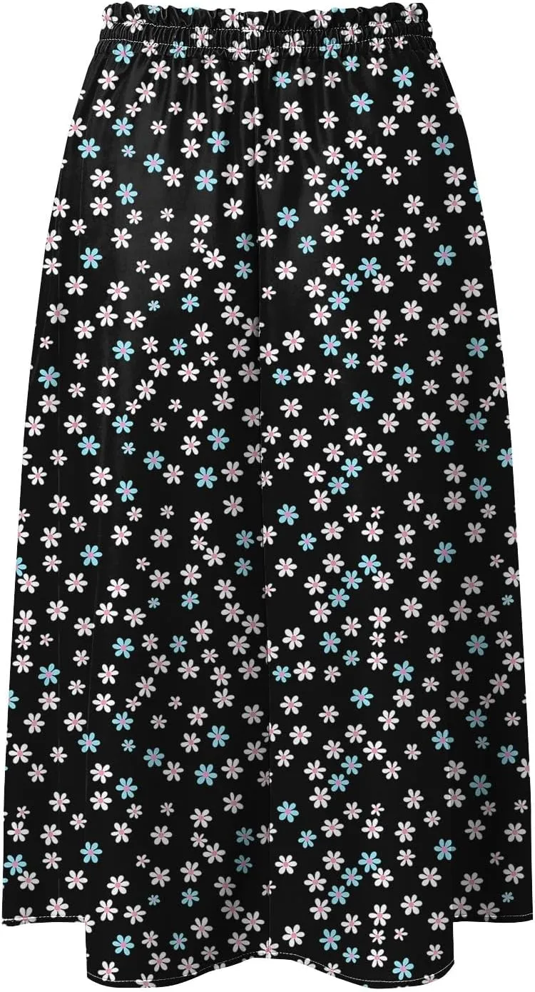 Rvidbe Midi Skirt for Women Drawstring High Waisted Floral Printed Skirts with Pockets Below Knee Pleated Flowy Beach Skirts