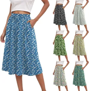 Rvidbe Midi Skirt for Women Drawstring High Waisted Floral Printed Skirts with Pockets Below Knee Pleated Flowy Beach Skirts