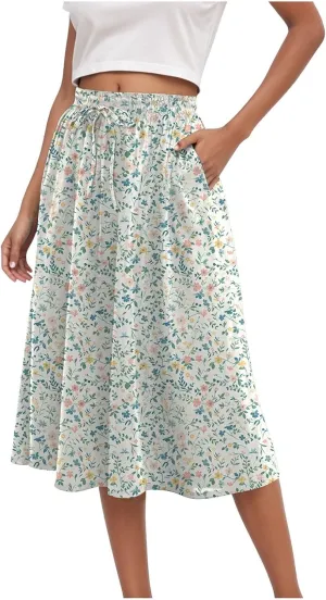 Rvidbe Midi Skirt for Women Drawstring High Waisted Floral Printed Skirts with Pockets Below Knee Pleated Flowy Beach Skirts