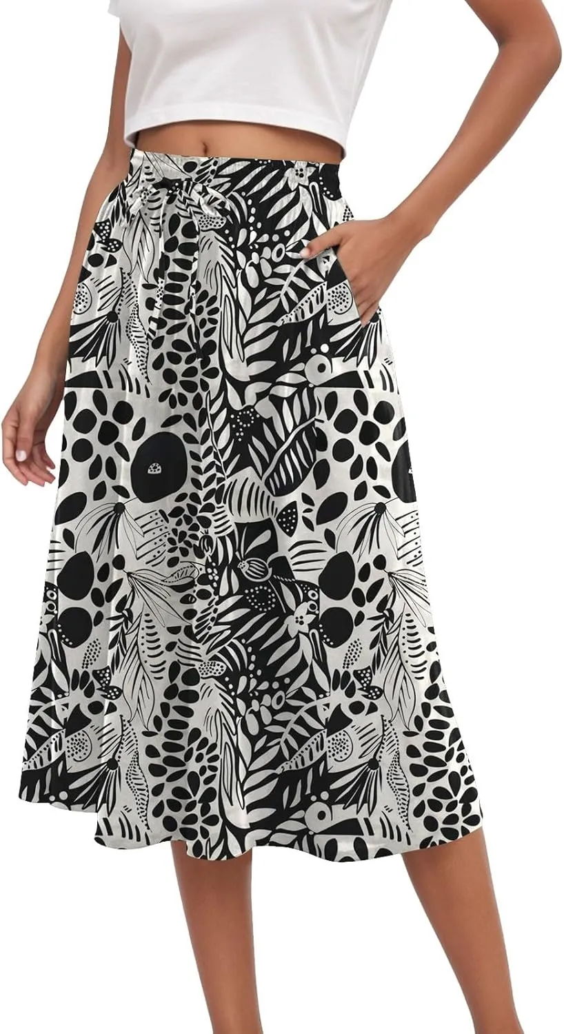 Rvidbe Midi Skirt for Women Graphic Printed High Waisted Below Knee Pleated Flowy Skirts with Pockets Beach A-Line Skirts