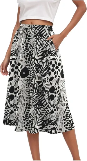 Rvidbe Midi Skirt for Women Graphic Printed High Waisted Below Knee Pleated Flowy Skirts with Pockets Beach A-Line Skirts