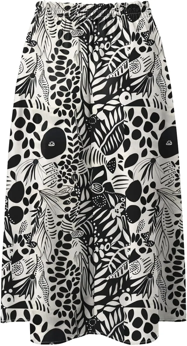 Rvidbe Midi Skirt for Women Graphic Printed High Waisted Below Knee Pleated Flowy Skirts with Pockets Beach A-Line Skirts