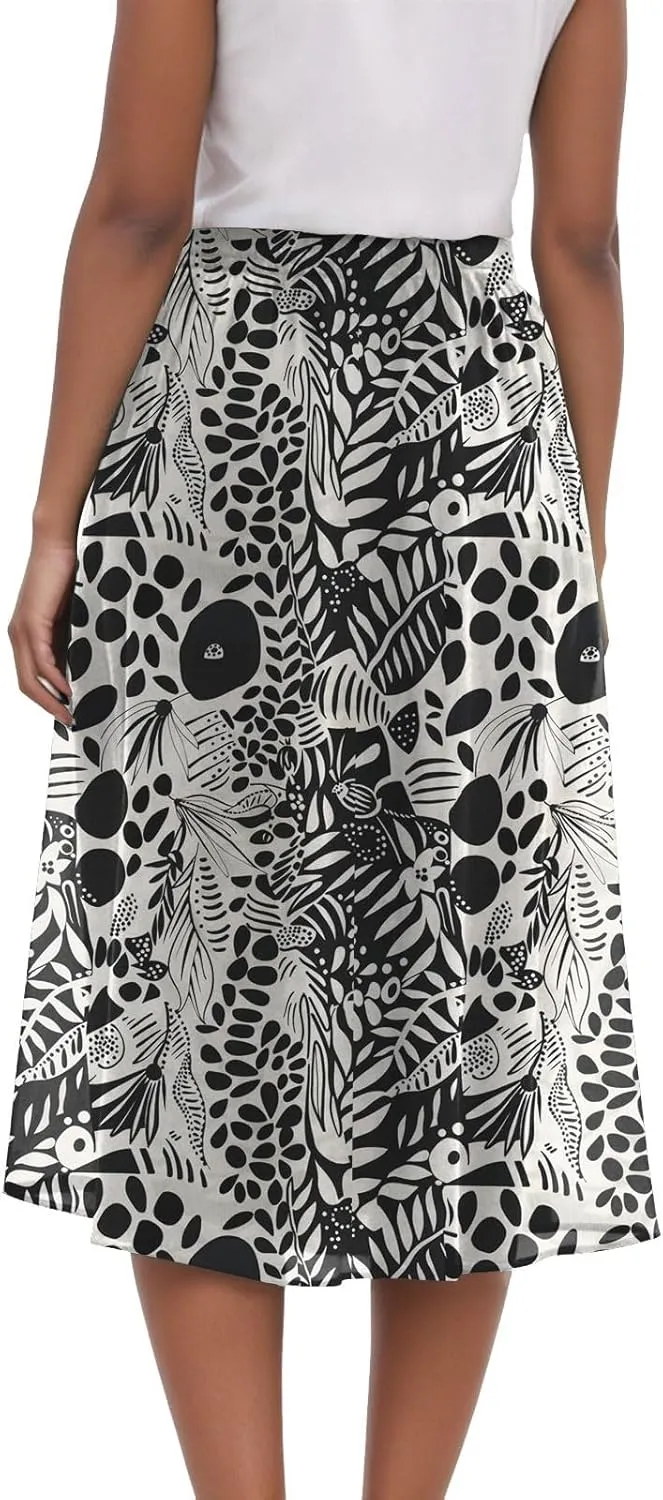 Rvidbe Midi Skirt for Women Graphic Printed High Waisted Below Knee Pleated Flowy Skirts with Pockets Beach A-Line Skirts