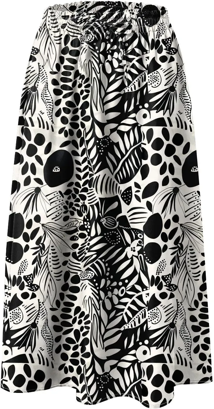 Rvidbe Midi Skirt for Women Graphic Printed High Waisted Below Knee Pleated Flowy Skirts with Pockets Beach A-Line Skirts