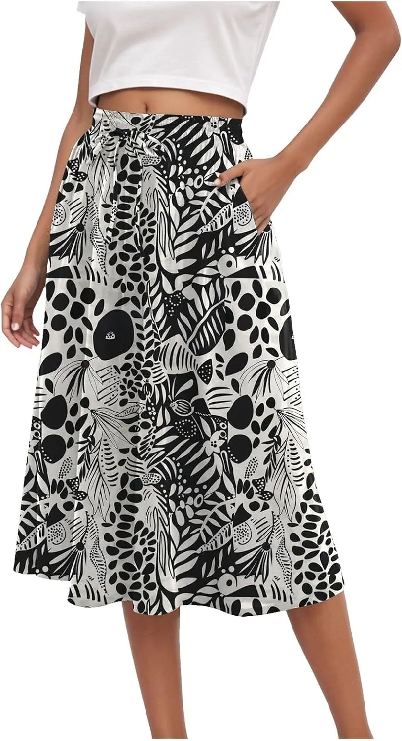 Rvidbe Midi Skirt for Women Graphic Printed High Waisted Below Knee Pleated Flowy Skirts with Pockets Beach A-Line Skirts