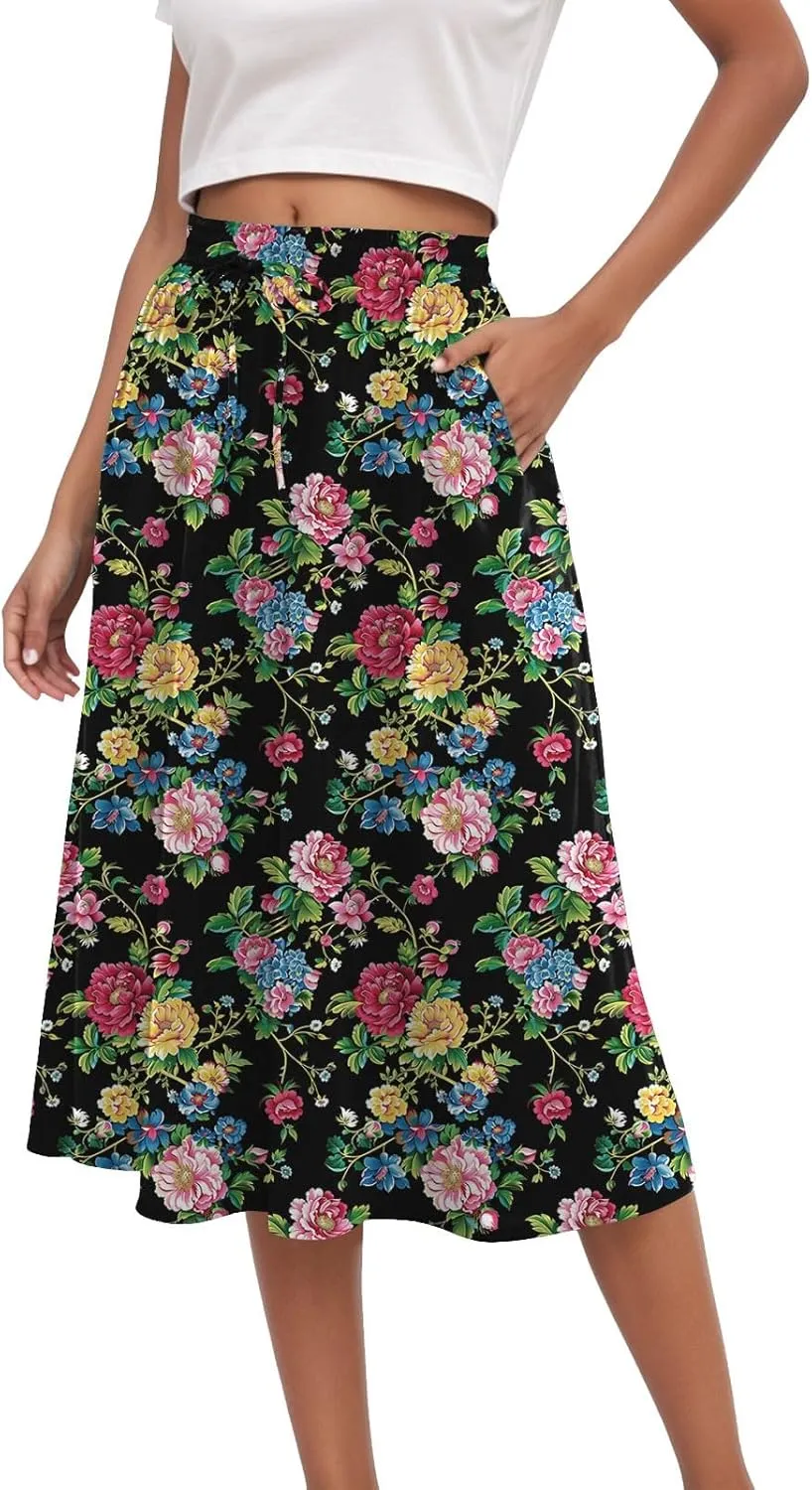 Rvidbe Skirts for Women Midi Length Pleated High Waisted Casual Below Knee Skirts with Pockets Floral Print A-Line Skirts
