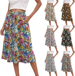 Rvidbe Skirts for Women Midi Length Pleated High Waisted Casual Below Knee Skirts with Pockets Floral Print A-Line Skirts