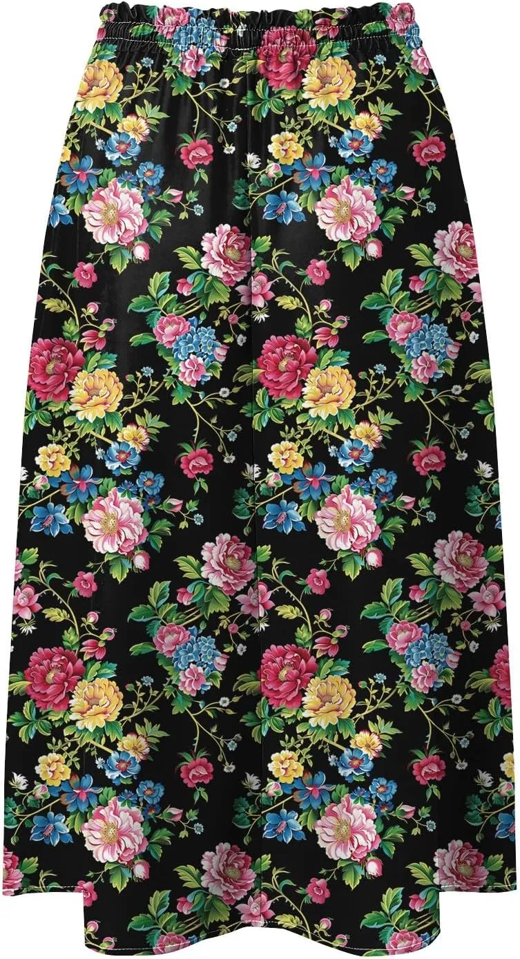 Rvidbe Skirts for Women Midi Length Pleated High Waisted Casual Below Knee Skirts with Pockets Floral Print A-Line Skirts