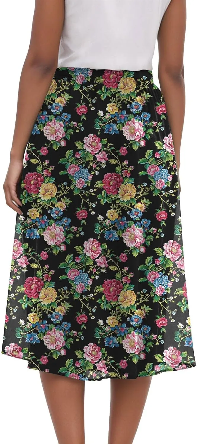 Rvidbe Skirts for Women Midi Length Pleated High Waisted Casual Below Knee Skirts with Pockets Floral Print A-Line Skirts