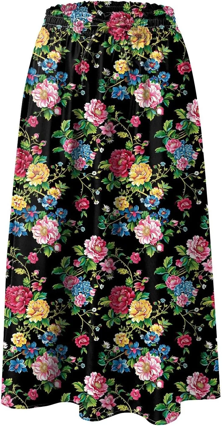 Rvidbe Skirts for Women Midi Length Pleated High Waisted Casual Below Knee Skirts with Pockets Floral Print A-Line Skirts