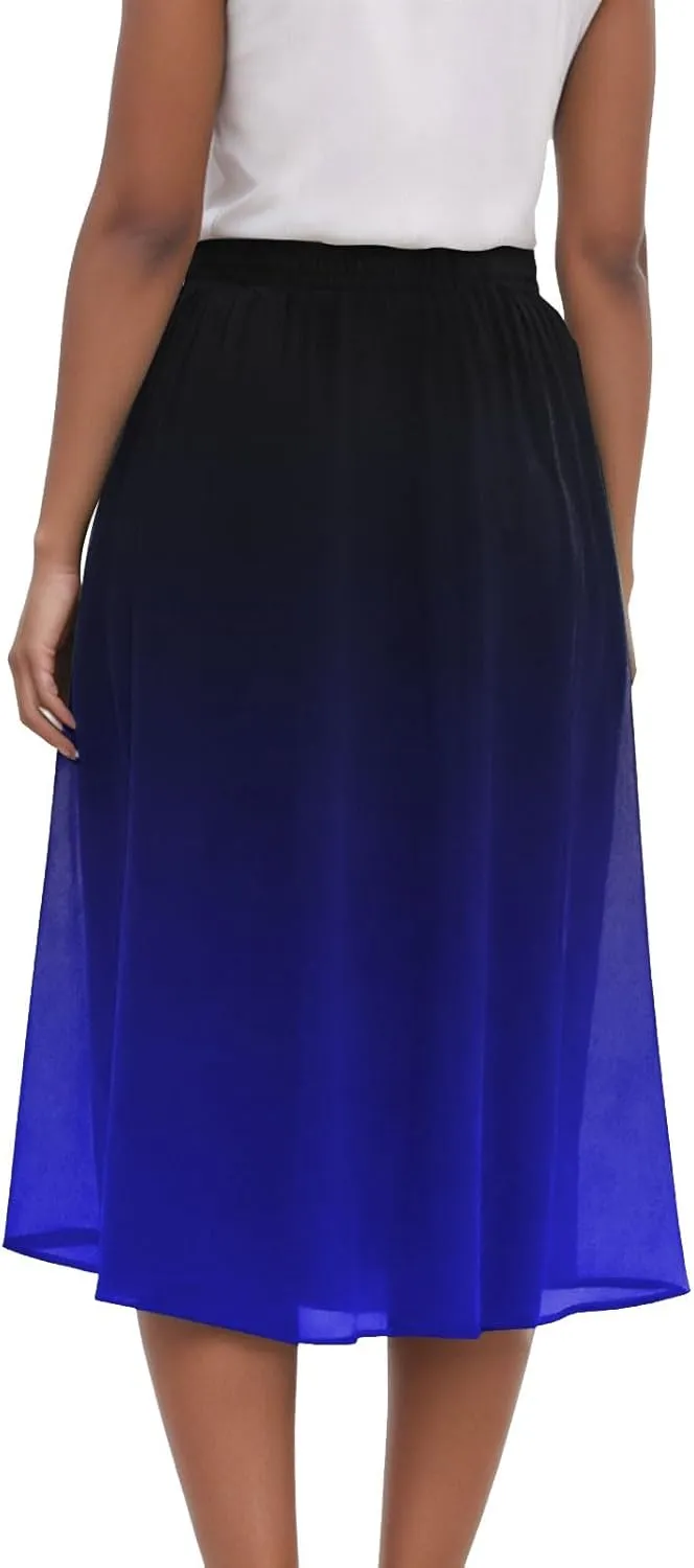 Rvidbe Skirts for Women Midi Length Pleated High Waisted Casual Below Knee Skirts with Pockets Gradient Print A-Line Skirts