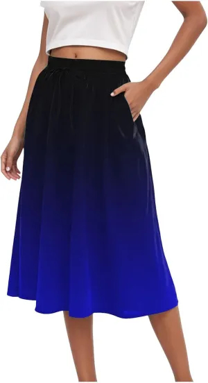 Rvidbe Skirts for Women Midi Length Pleated High Waisted Casual Below Knee Skirts with Pockets Gradient Print A-Line Skirts