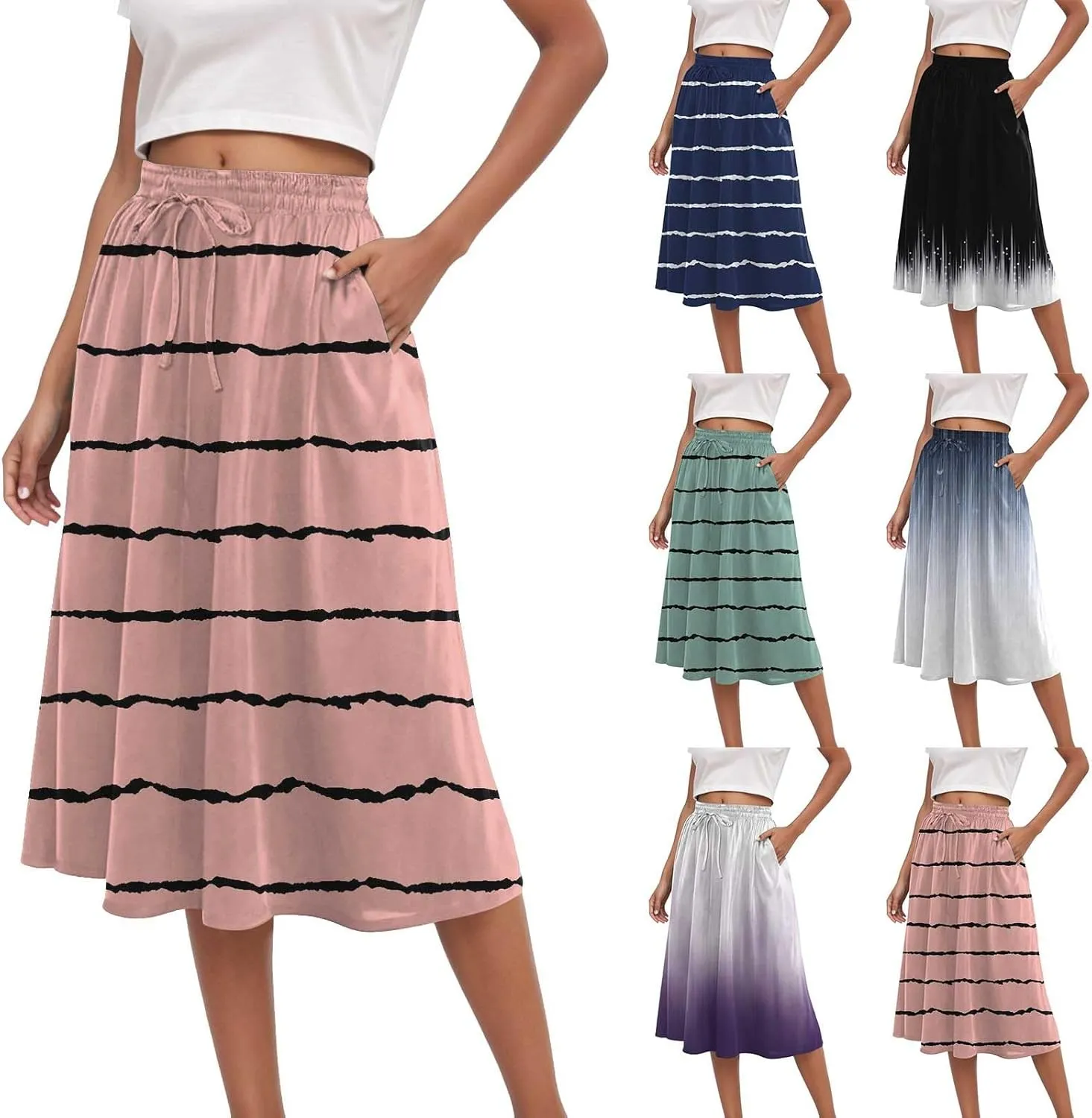 Rvidbe Skirts for Women Midi Length Summer Pleated High Waisted Casual Below Knee Skirts with Pockets Vacation A-Line Skirts