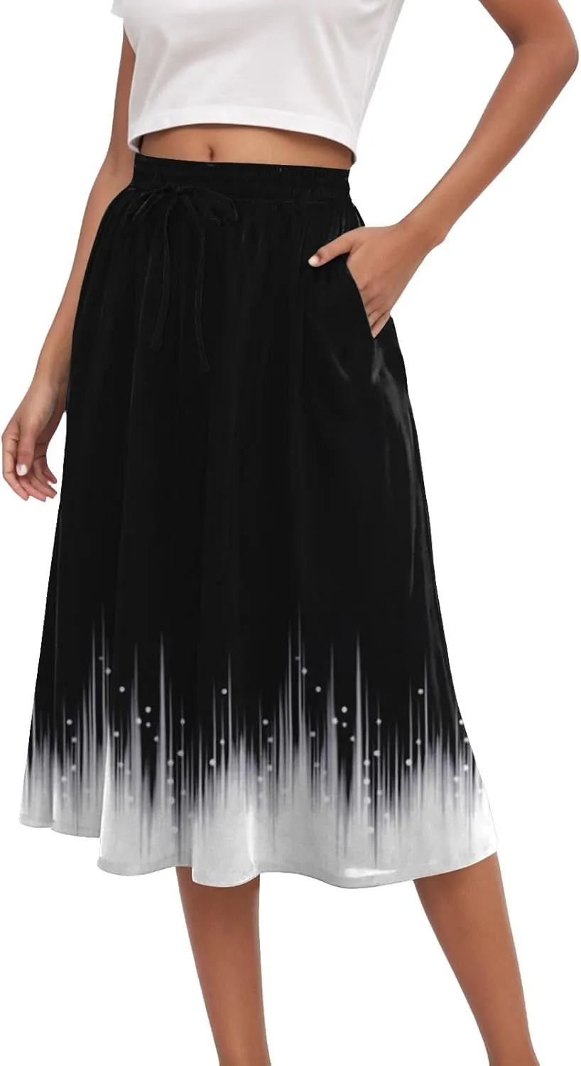 Rvidbe Skirts for Women Midi Length Summer Pleated High Waisted Casual Below Knee Skirts with Pockets Vacation A-Line Skirts