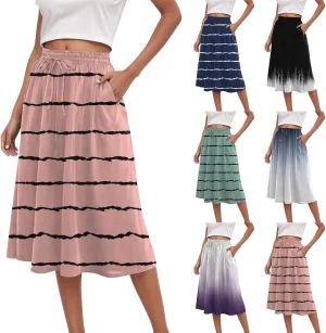 Rvidbe Skirts for Women Midi Length Summer Pleated High Waisted Casual Below Knee Skirts with Pockets Vacation A-Line Skirts