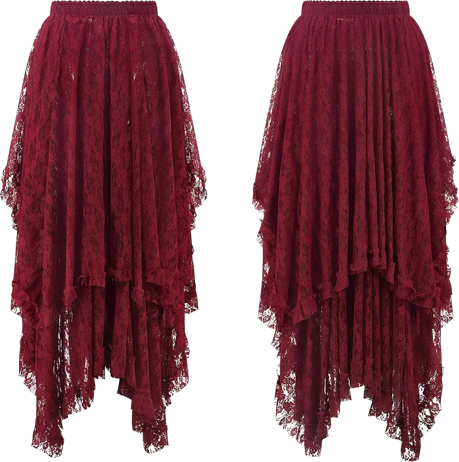 R.Vivimos Women Lace Long Skirts Summer Elastic Asymmetrical Layered Hem Sexy See-Through Beach Floral Maxi Skirts