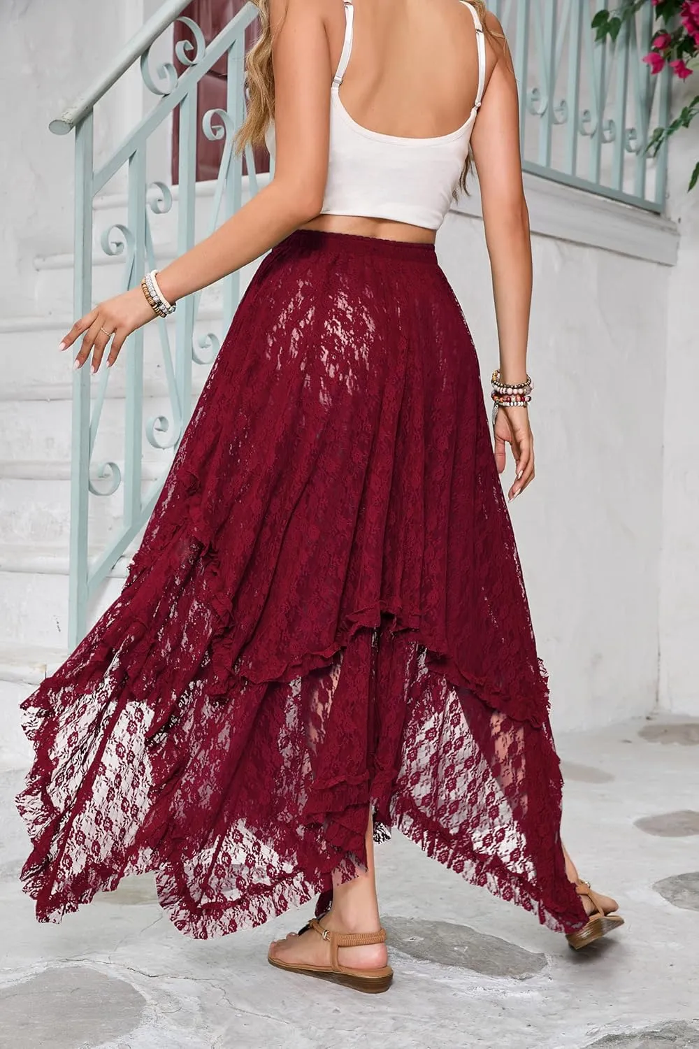 R.Vivimos Women Lace Long Skirts Summer Elastic Asymmetrical Layered Hem Sexy See-Through Beach Floral Maxi Skirts