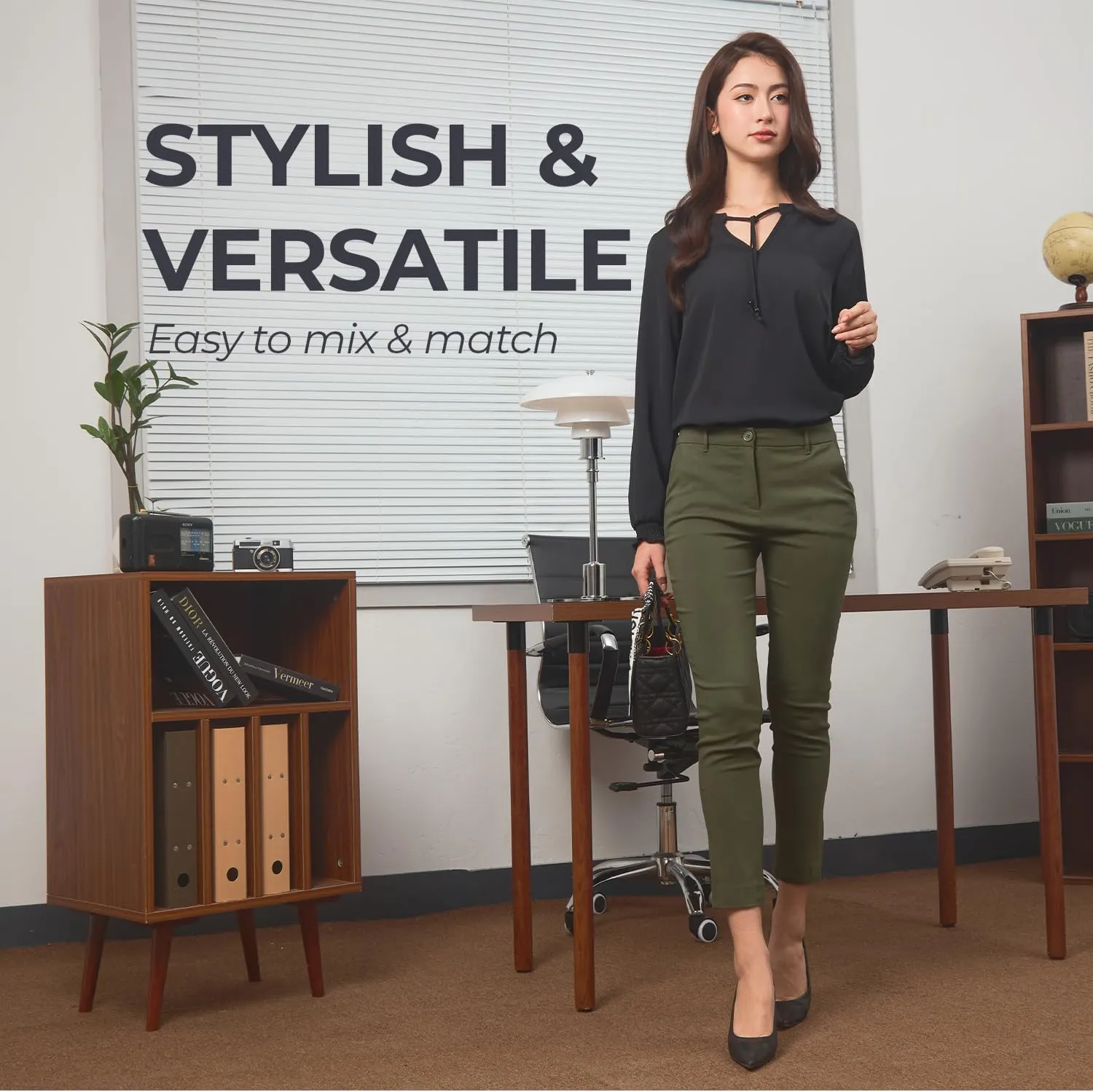 SANDY & SID Cropped Pants for Women Petite Small Size Mid Waist Slim Fit Work Pants Stretch Trousers Slack Casual Office Wear