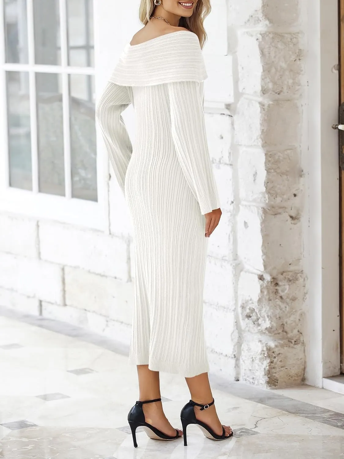 Saodimallsu Womens Off Shoulder Maxi Sweater Dress Long Sleeve Bodycon Sexy Elegant Cocktail Party Knit Dresses