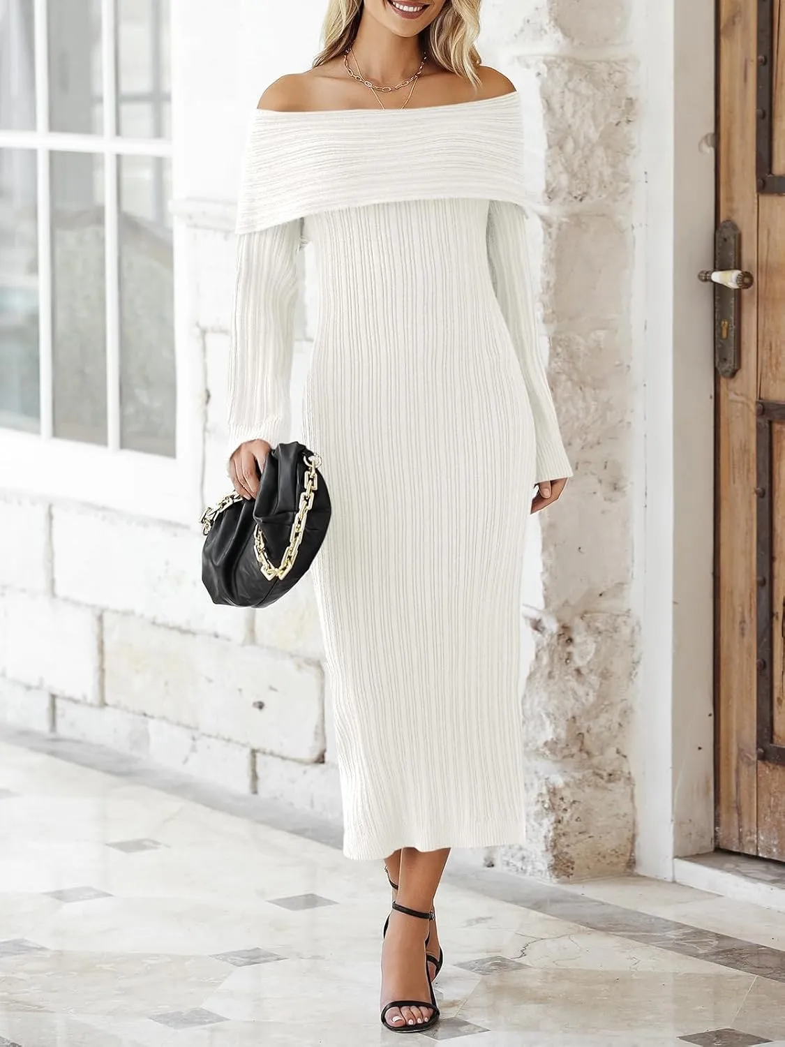 Saodimallsu Womens Off Shoulder Maxi Sweater Dress Long Sleeve Bodycon Sexy Elegant Cocktail Party Knit Dresses