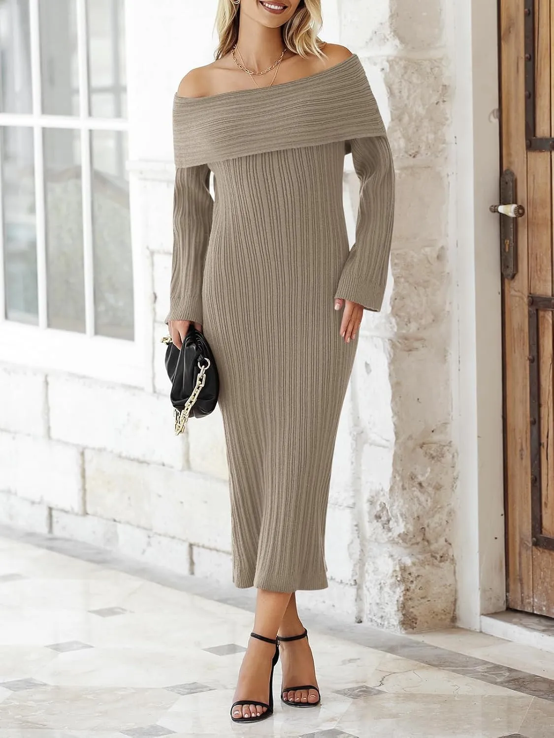 Saodimallsu Womens Off Shoulder Maxi Sweater Dress Long Sleeve Bodycon Sexy Elegant Cocktail Party Knit Dresses