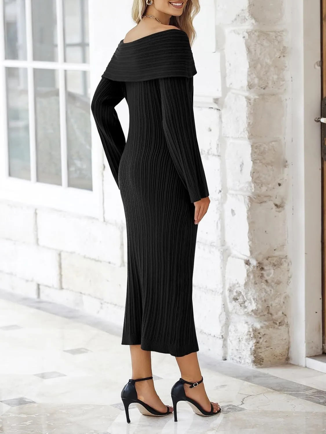 Saodimallsu Womens Off Shoulder Maxi Sweater Dress Long Sleeve Bodycon Sexy Elegant Cocktail Party Knit Dresses