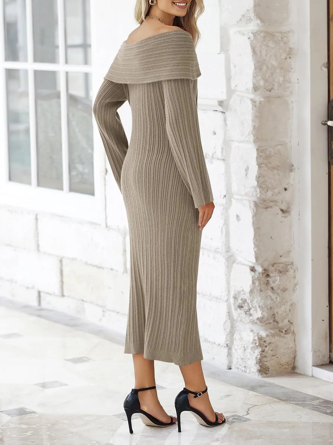 Saodimallsu Womens Off Shoulder Maxi Sweater Dress Long Sleeve Bodycon Sexy Elegant Cocktail Party Knit Dresses