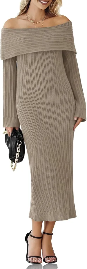 Saodimallsu Womens Off Shoulder Maxi Sweater Dress Long Sleeve Bodycon Sexy Elegant Cocktail Party Knit Dresses