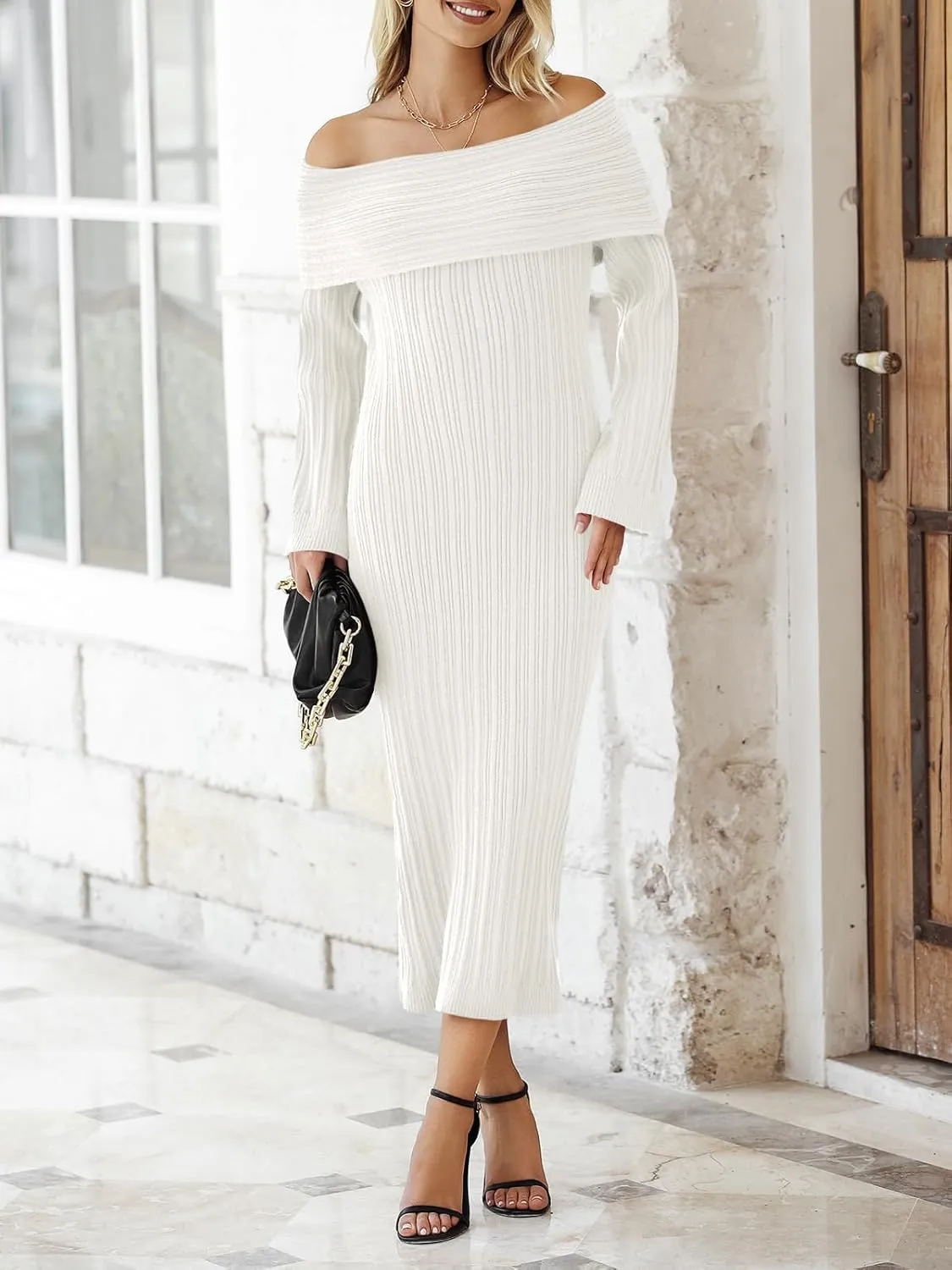 Saodimallsu Womens Off Shoulder Maxi Sweater Dress Long Sleeve Bodycon Sexy Elegant Cocktail Party Knit Dresses