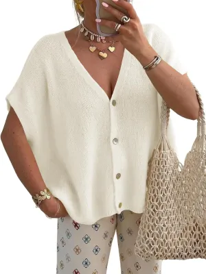 Saodimallsu Womens Summer Oversized Cardigans Batwing Short Sleeve Lightweight Button V Neck Casual Knit Sweater Tops