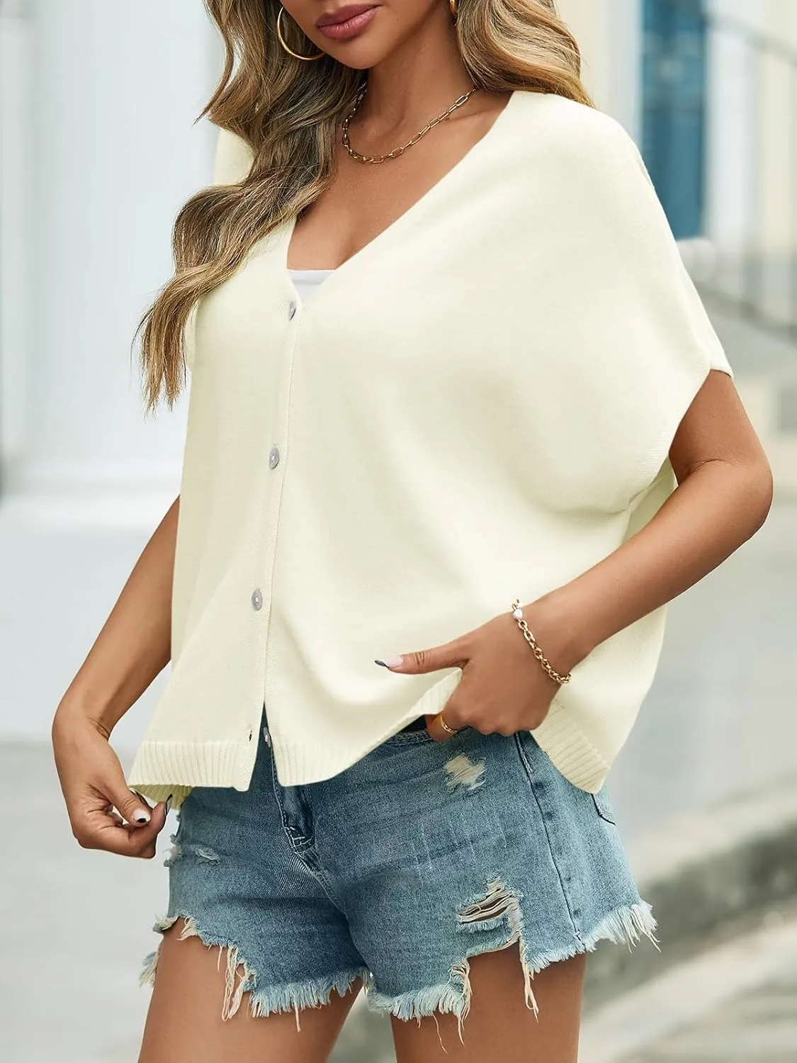 Saodimallsu Womens Summer Oversized Cardigans Batwing Short Sleeve Lightweight Button V Neck Casual Knit Sweater Tops