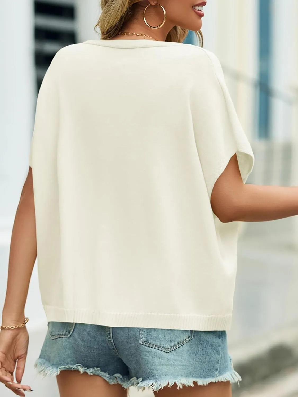 Saodimallsu Womens Summer Oversized Cardigans Batwing Short Sleeve Lightweight Button V Neck Casual Knit Sweater Tops