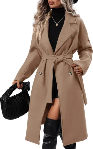 SAUKOLE Women's Trendy Lapel Collar Double Breasted Wool Blend Coats Winter Pea Overcoat Pocketed Outwear with Belt