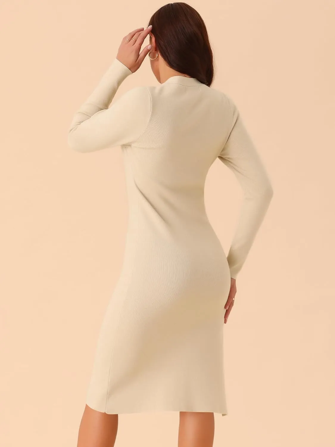 Seta T Women's Spring Fall Slit Hem Long Sleeve Ribbed Knit Dresses Square Neck Sweater Dress