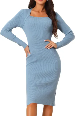 Seta T Women's Spring Fall Slit Hem Long Sleeve Ribbed Knit Dresses Square Neck Sweater Dress