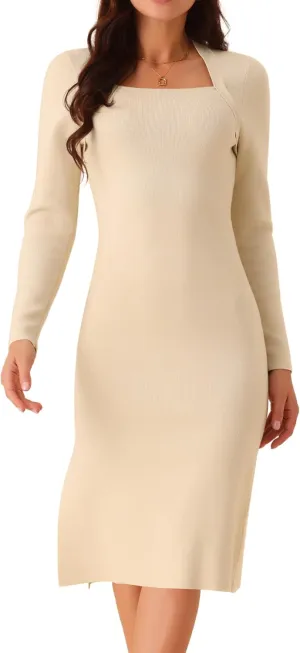 Seta T Women's Spring Fall Slit Hem Long Sleeve Ribbed Knit Dresses Square Neck Sweater Dress