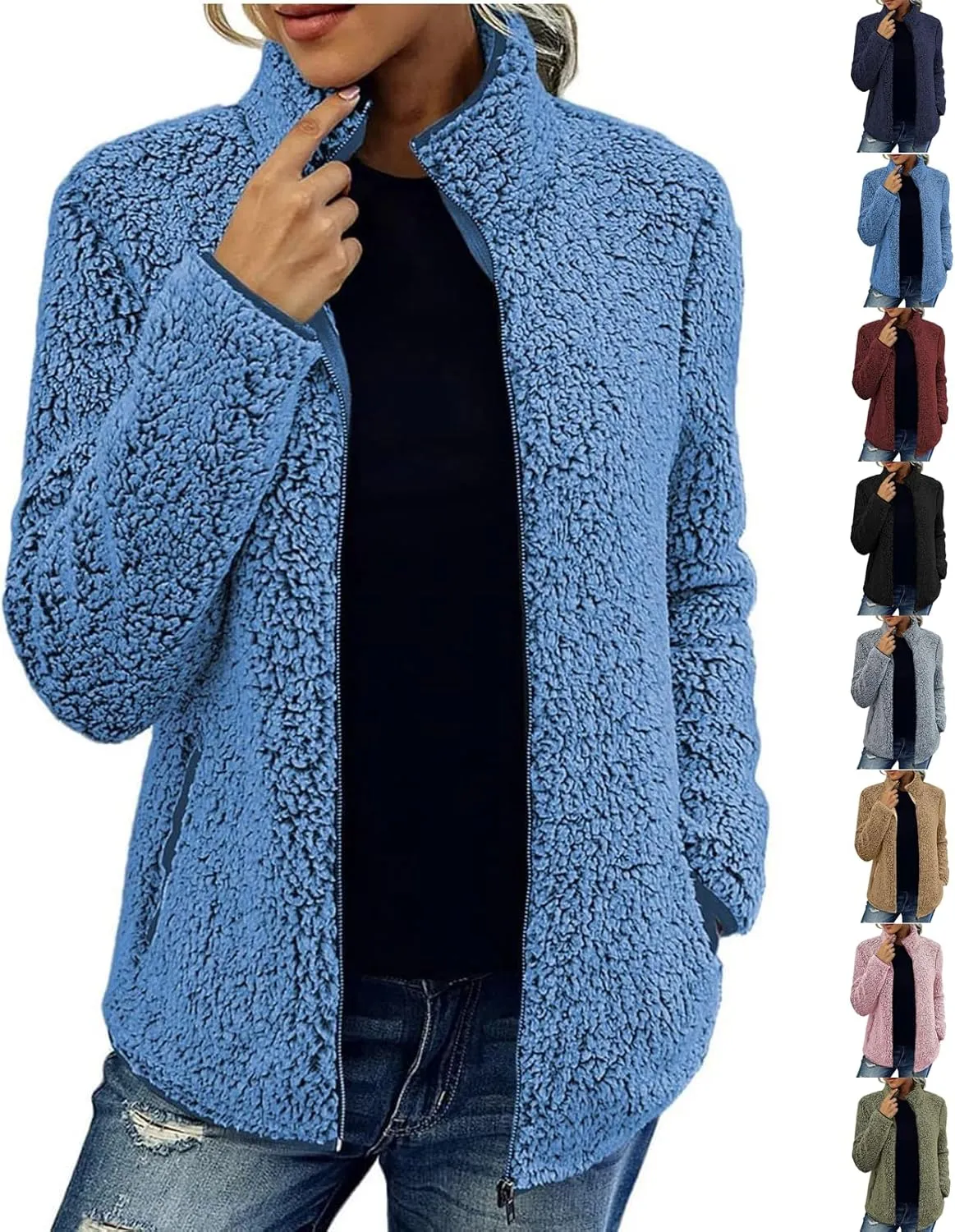 Sherpa Lined Jacket Women Long Sleeve Oversized Faux Fur Coats Casual Lapel Collar Winter Teddy Coats with Pockets