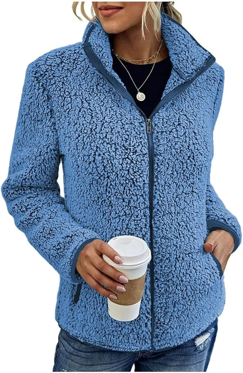 Sherpa Lined Jacket Women Long Sleeve Oversized Faux Fur Coats Casual Lapel Collar Winter Teddy Coats with Pockets