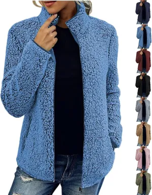 Sherpa Lined Jacket Women Long Sleeve Oversized Faux Fur Coats Casual Lapel Collar Winter Teddy Coats with Pockets