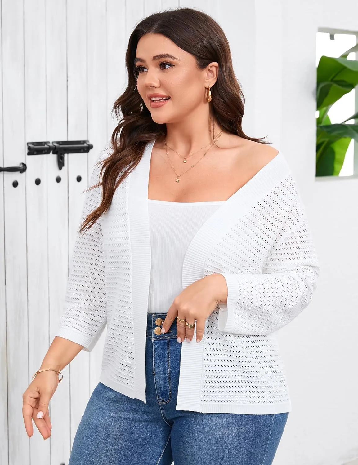 ShopWonder Womens Plus Size Summer Cardigan 3/4 Length Sleeve Sweaters Lightweight Casual Knitted Open Front Cardigans