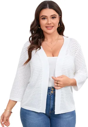 ShopWonder Womens Plus Size Summer Cardigan 3/4 Length Sleeve Sweaters Lightweight Casual Knitted Open Front Cardigans