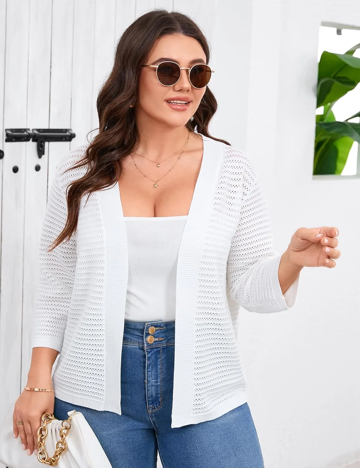 ShopWonder Womens Plus Size Summer Cardigan 3/4 Length Sleeve Sweaters Lightweight Casual Knitted Open Front Cardigans
