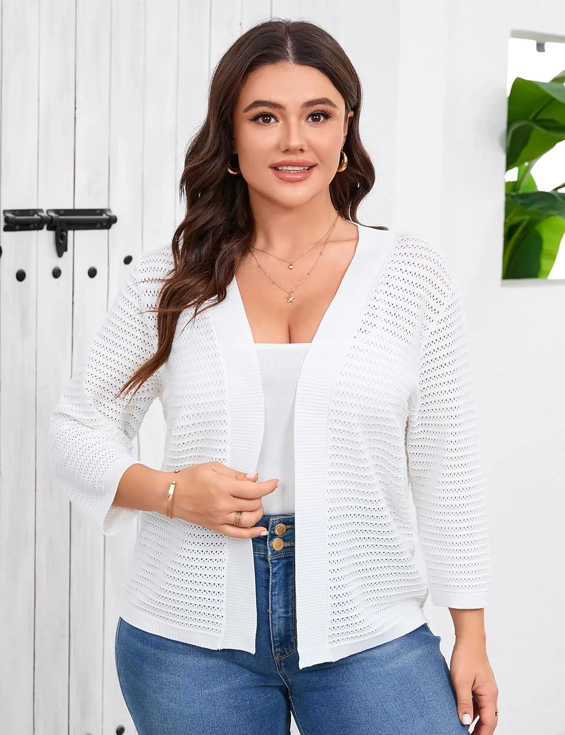 ShopWonder Womens Plus Size Summer Cardigan 3/4 Length Sleeve Sweaters Lightweight Casual Knitted Open Front Cardigans