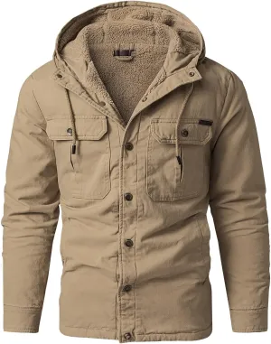 Smoneyful Mens Fleece Jacket Hooded Thicken Warm Hooded Flannel Shirts Button Down Tops Fall Wool Coat Jacket with Pocket