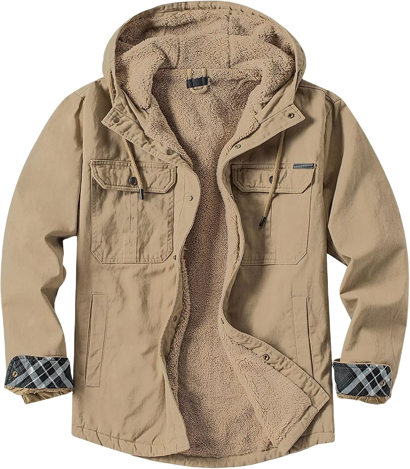Smoneyful Mens Fleece Jacket Hooded Thicken Warm Hooded Flannel Shirts Button Down Tops Fall Wool Coat Jacket with Pocket