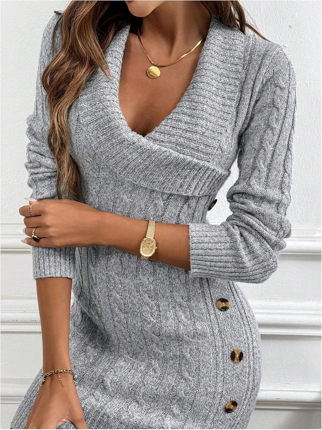 SOLY HUX Women's Elegant Wrap V Neck Mini Sweater Dress Long Sleeve Button Bodycon Ribbed Knit Dresses