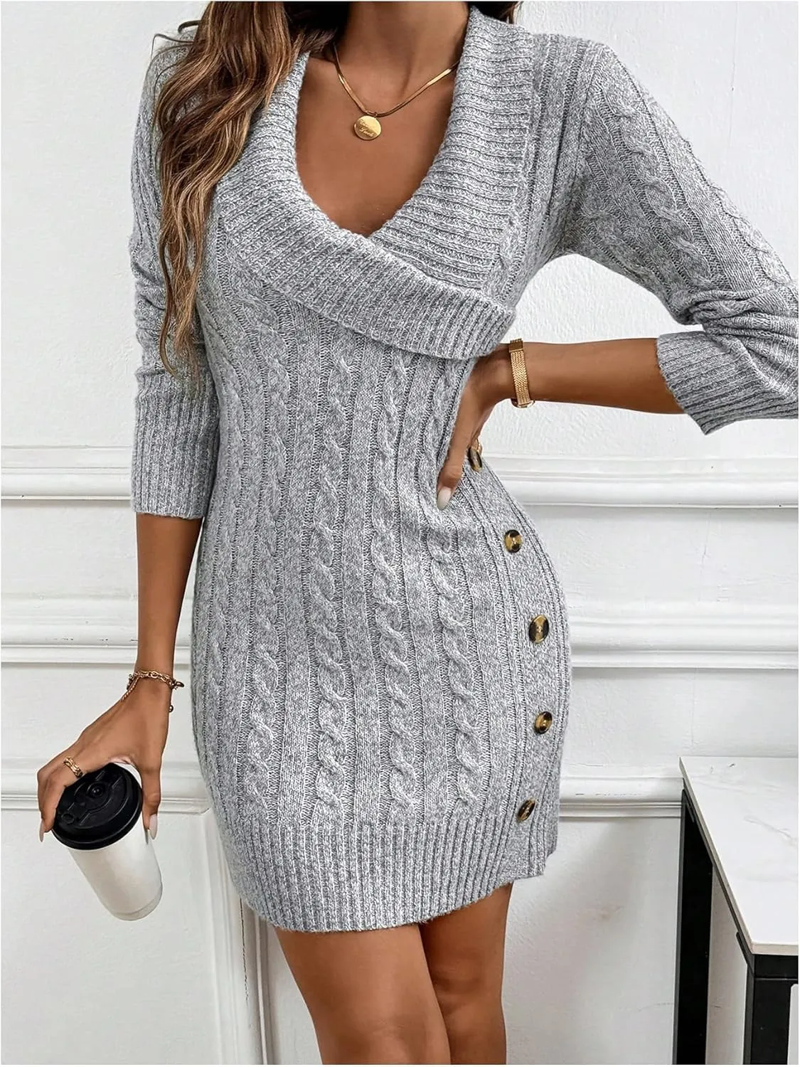 SOLY HUX Women's Elegant Wrap V Neck Mini Sweater Dress Long Sleeve Button Bodycon Ribbed Knit Dresses